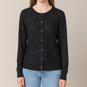 New York and Company Solid Black Lace Button Down Open Cardigan Sweater XL